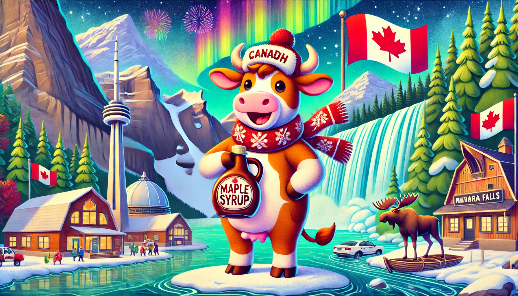 Bytemeuh the adventurous cow exploring Canada with a maple syrup bottle, surrounded by iconic landscapes like Niagara Falls, Rocky Mountains, and Lake Louise under the aurora borealis