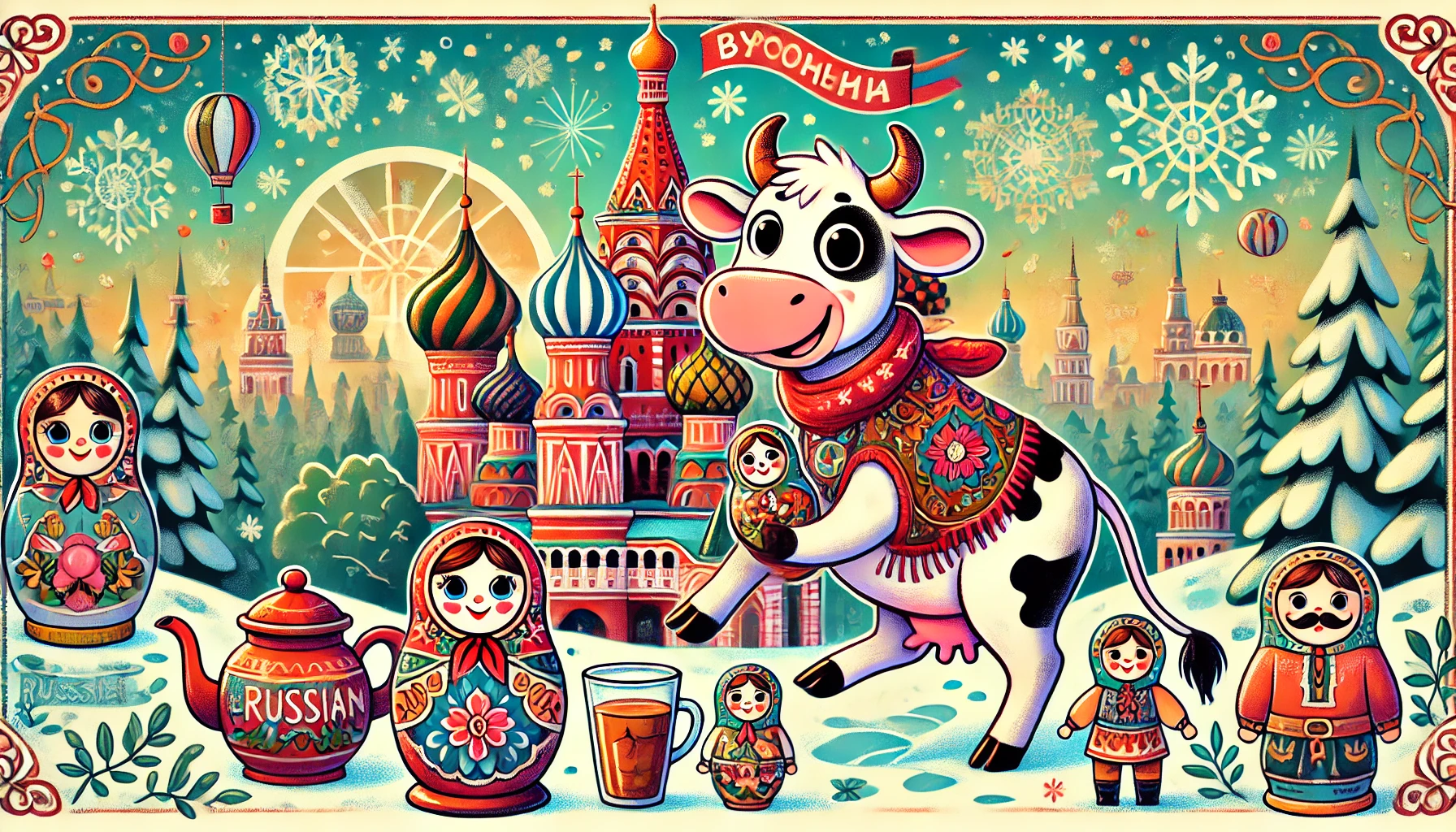 Bytemeuh the adventurous cow exploring Russian culture, holding a Matryoshka doll with St. Basil’s Cathedral and a samovar for tea in the background.