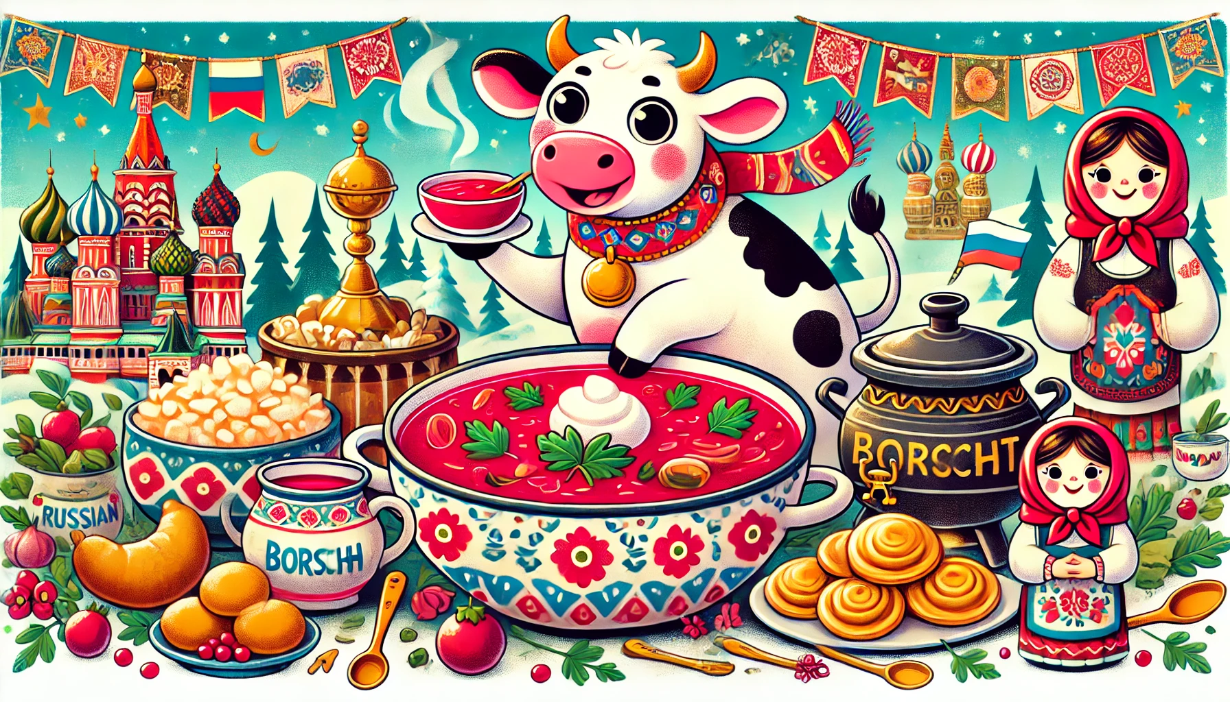 Bytemeuh the adventurous cow exploring Russian cuisine, holding a steaming bowl of borscht, with pelmeni, blini, and a samovar in the background.