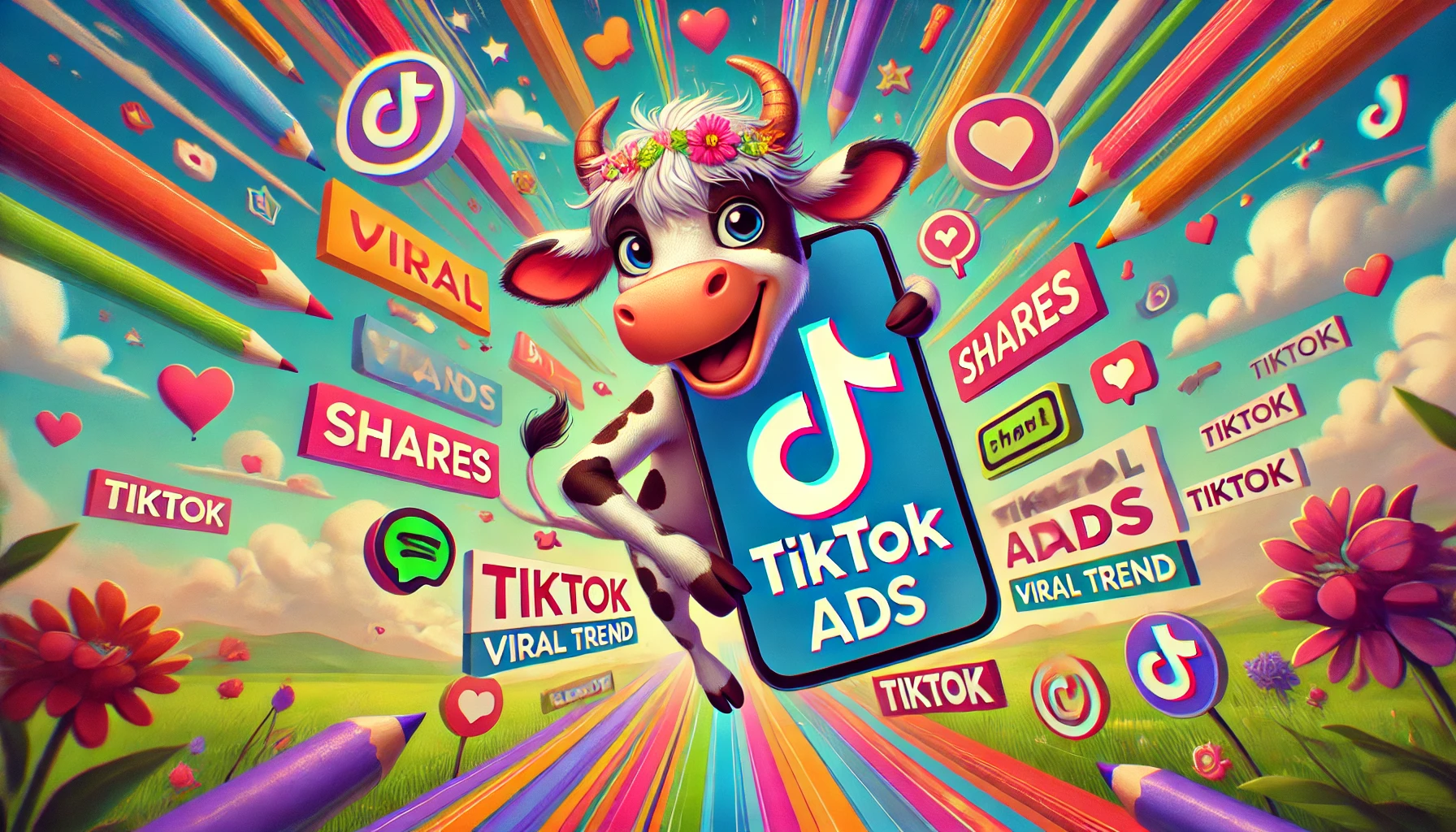 Bytemeuh the adventurous cow holding a smartphone displaying TikTok Ads, surrounded by colorful TikTok icons, hearts, and shares in a dynamic and fun design