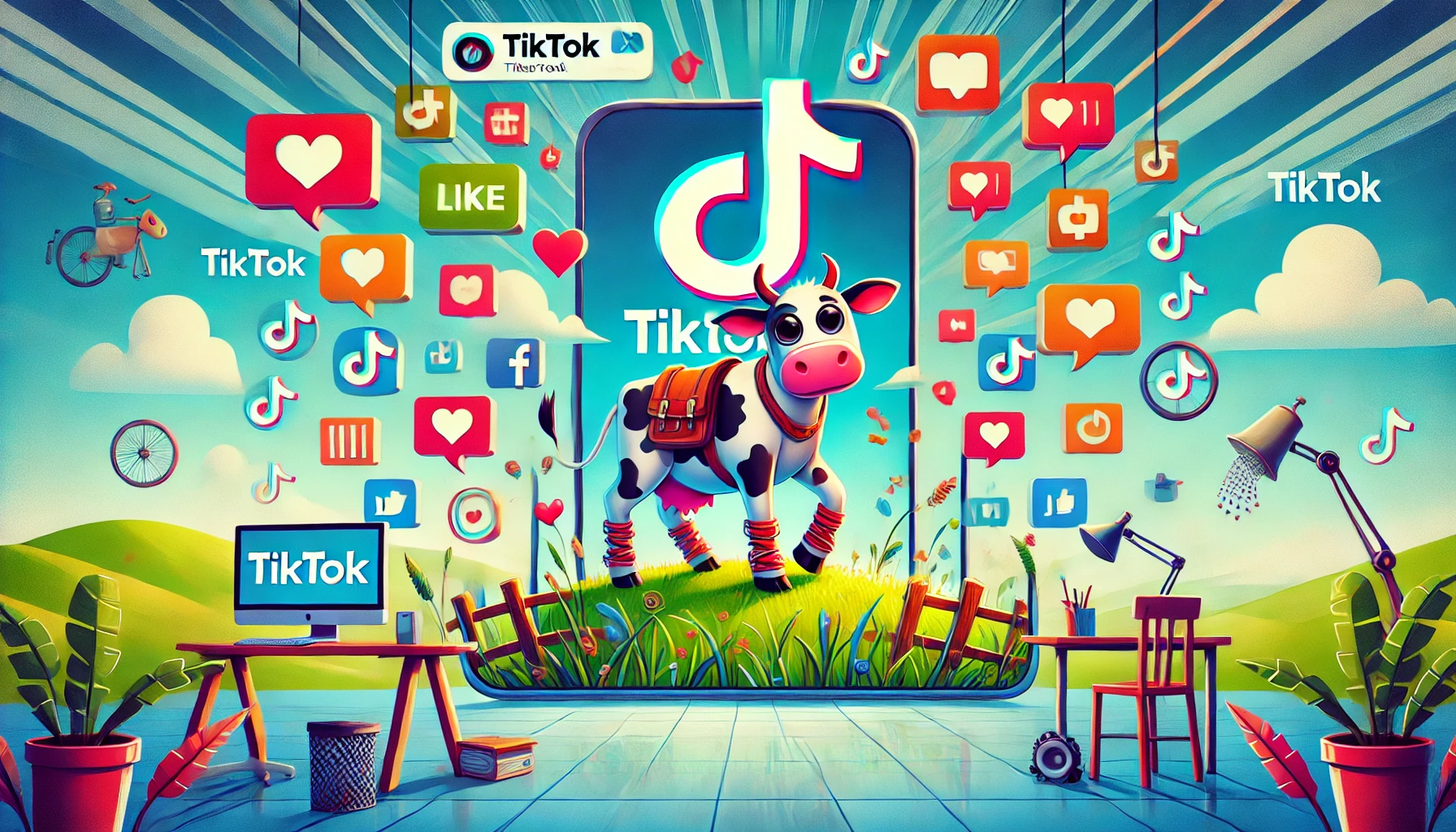 Bytemeuh, the adventurous cow, standing in front of a TikTok logo with digital icons like likes, shares, and comments, representing the ban of TikTok in the U.S