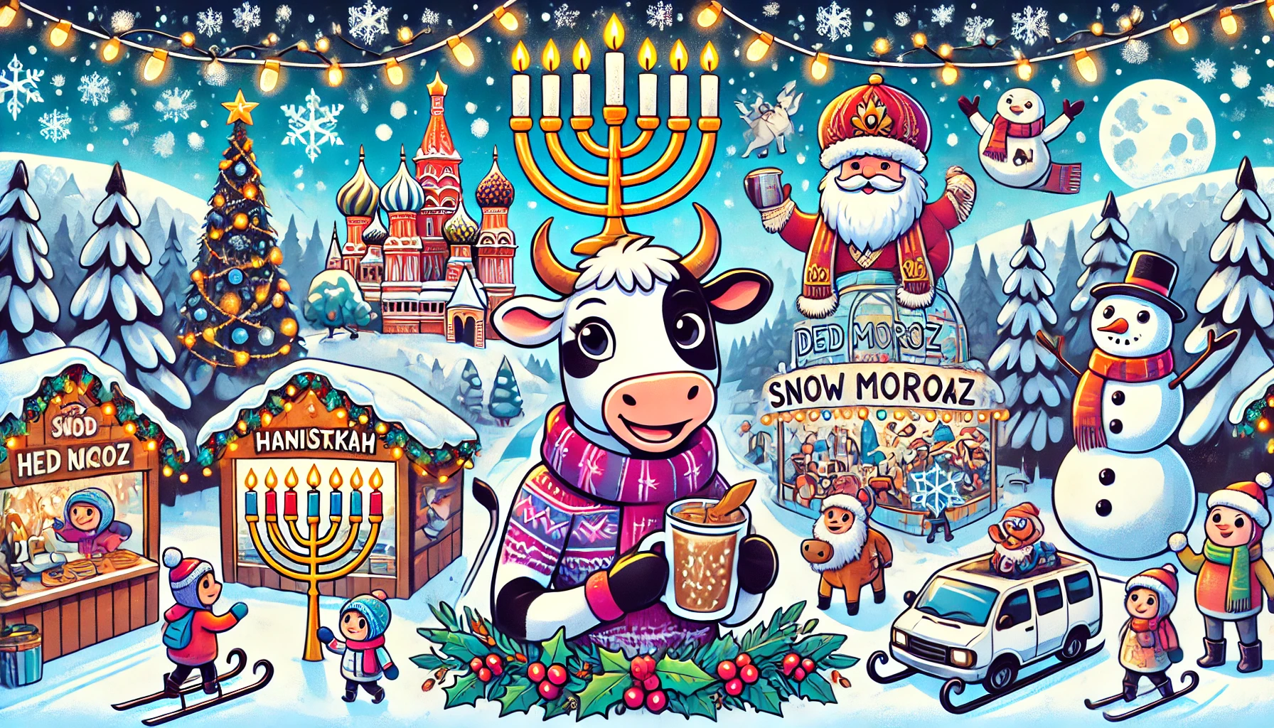 Bytemeuh the adventurous cow enjoying winter festivities, holding a cup of mulled wine at a snowy Christmas market with festive lights, a menorah for Hanukkah, and Ded Moroz in the background.